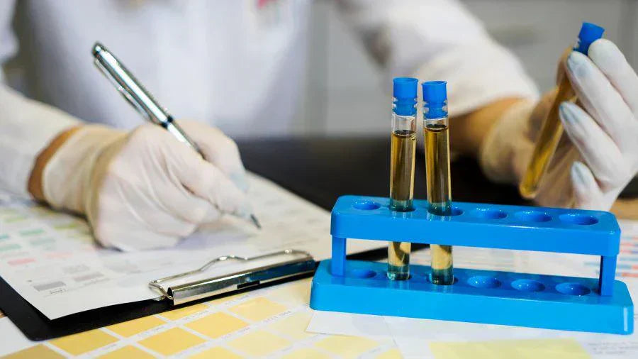  Laboranalyse von Ölproben: Person mit Handschuhen hält ein Reagenzglas mit gelber Flüssigkeit und macht Notizen auf einem Klemmbrett, daneben ein blaues Reagenzglasgestell mit weiteren Proben.