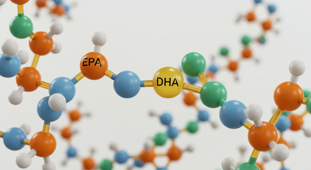 3D-Darstellung von Molekülstrukturen mit markierten Omega-3-Fettsäuren EPA (Eicosapentaensäure) und DHA (Docosahexaensäure), die die chemische Zusammensetzung und Verbindung dieser essenziellen Fettsäuren visualisiert.