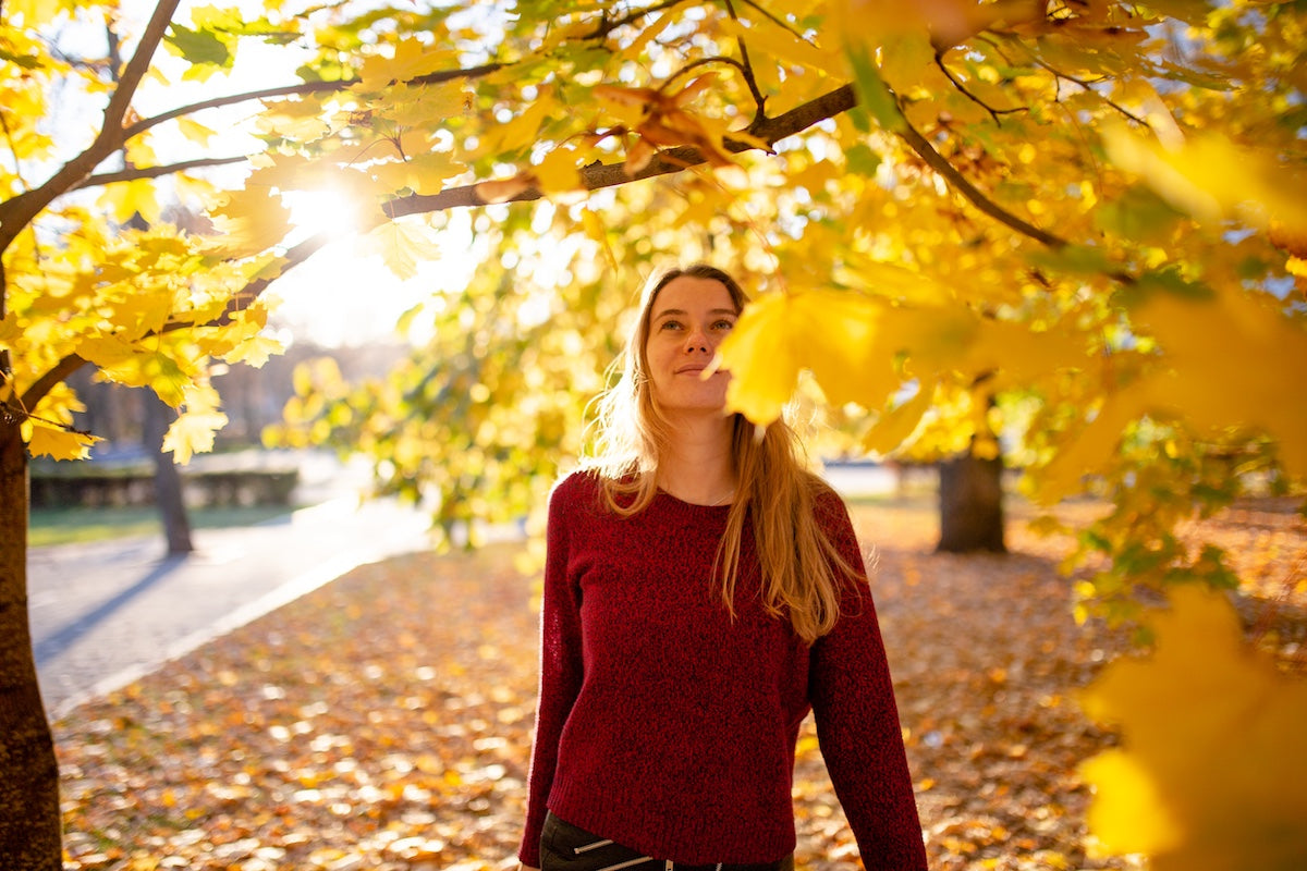 Junge Frau in einem roten Pullover genießt einen sonnigen Herbsttag im Park, umgeben von goldgelben Blättern.