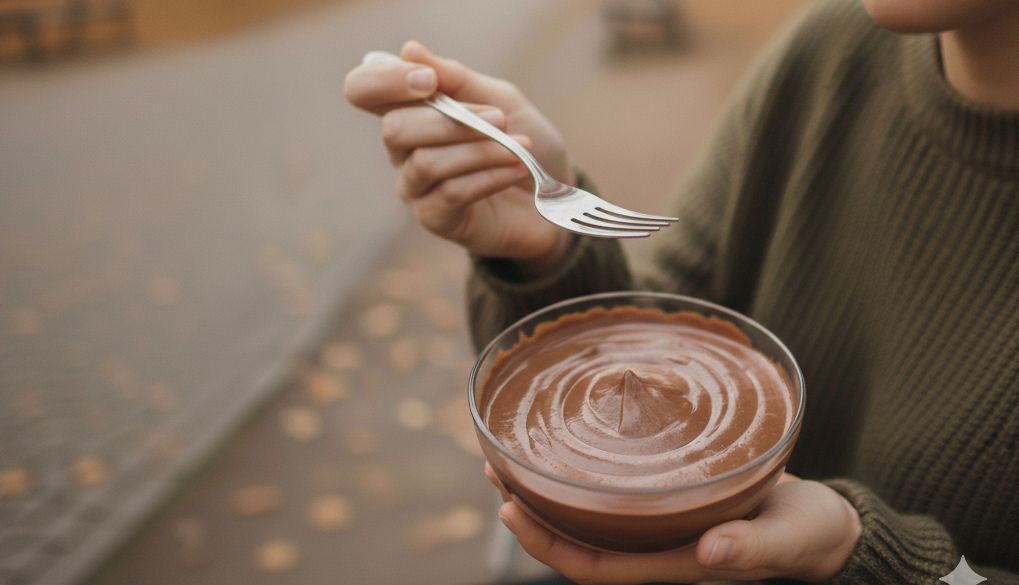 Person hält eine Schüssel mit cremigem Schokoladenpudding und isst sie mit einer Gabel im Freien.